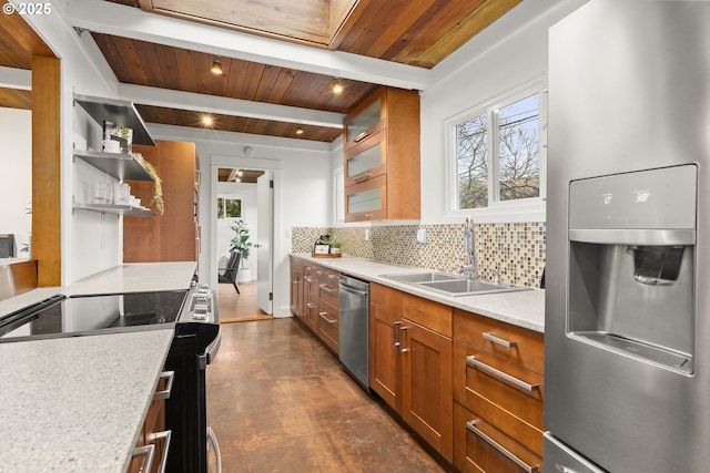 kitchen with beam ceiling, decorative backsplash, appliances with stainless steel finishes, wooden ceiling, and a sink