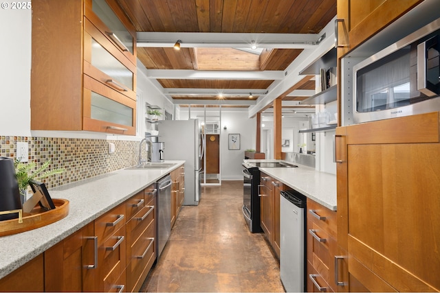 kitchen featuring light stone countertops, stainless steel appliances, decorative backsplash, wood ceiling, and beamed ceiling