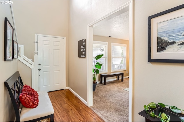 carpeted entrance foyer featuring baseboards and wood finished floors