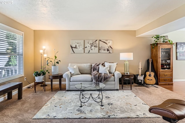 living area featuring a textured ceiling and baseboards