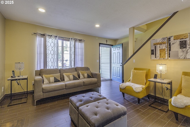 4422 SW Appletree Pl, Beaverton, OR 97078 - living room featuring wood finished floors, recessed lighting, and a textured ceiling