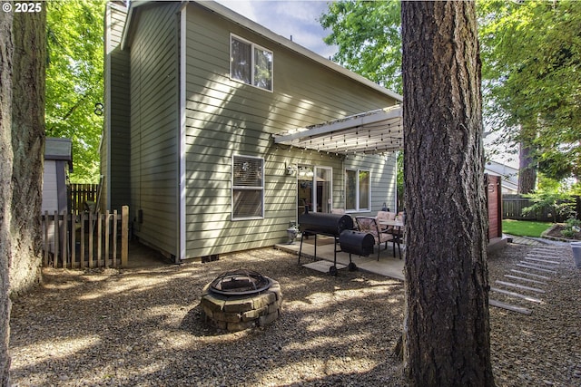 4422 SW Appletree Pl, Beaverton, OR 97078 - rear view of property with an outdoor fire pit, a patio, a chimney, and a pergola
