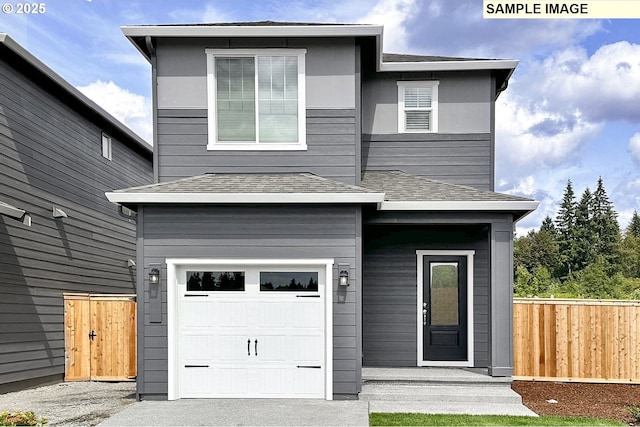 contemporary house with driveway, fence, a garage, and roof with shingles