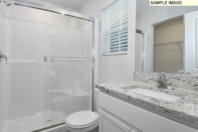 full bathroom featuring a shower stall, toilet, and vanity