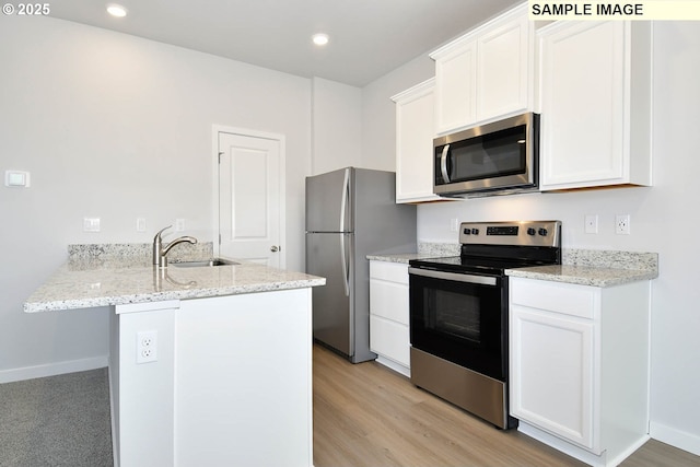 kitchen featuring white cabinetry, a peninsula, appliances with stainless steel finishes, and a sink