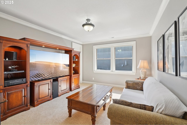 carpeted living room with ornamental molding