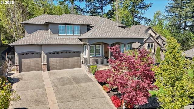 view of front of house with a porch, concrete driveway, a shingled roof, and an attached garage