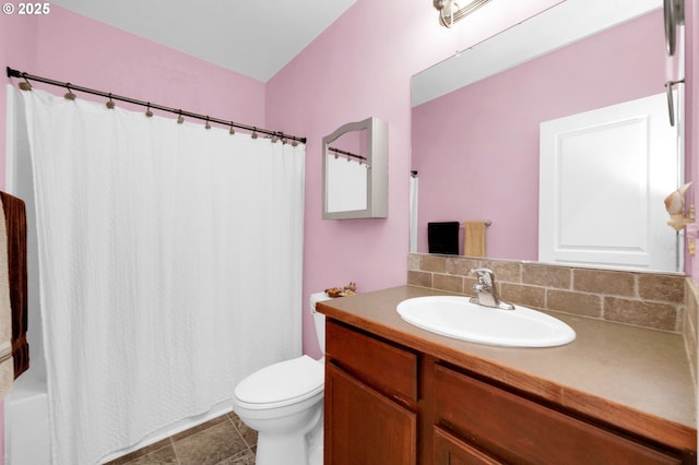 4908 Holly St, Springfield, OR 97478 - bathroom with vanity, shower / bath combo with shower curtain, and tasteful backsplash