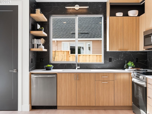 5170 SE 28th Ave, Portland, OR 97202 - kitchen featuring open shelves, a sink, appliances with stainless steel finishes, and tasteful backsplash