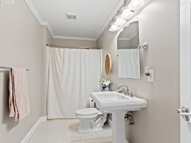 bathroom with tile patterned flooring, curtained shower, ornamental molding, and toilet