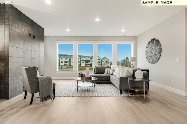 living room featuring a healthy amount of sunlight and light hardwood / wood-style flooring