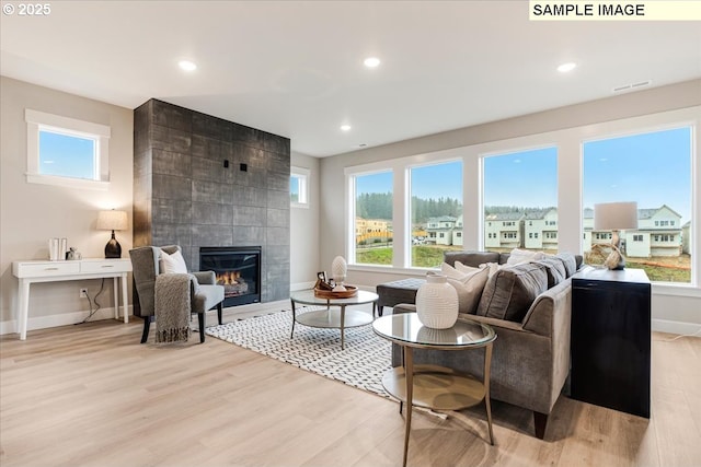 living room featuring light wood-type flooring and a fireplace