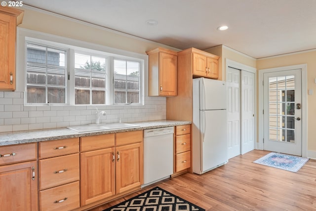 1702 24th Ave, Longview, WA 98632 - kitchen featuring white appliances, backsplash, light wood-style floors, ornamental molding, and light brown cabinetry
