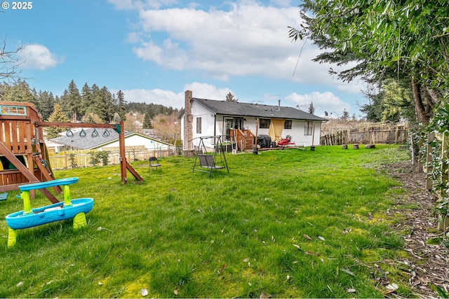 view of yard featuring a fenced backyard and a playground