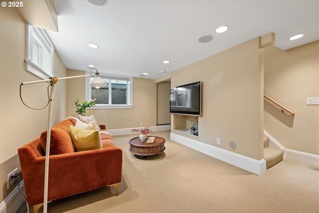 7525 SE 18th Ave, Portland, OR 97202 - carpeted living area featuring recessed lighting and stairway