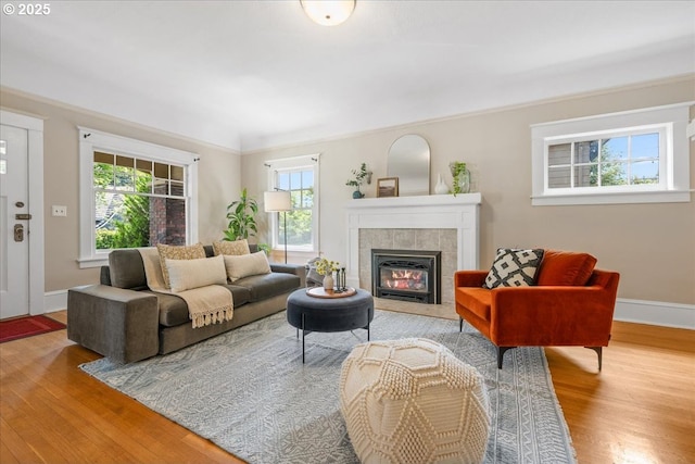7525 SE 18th Ave, Portland, OR 97202 - living room with wood finished floors and a tiled fireplace