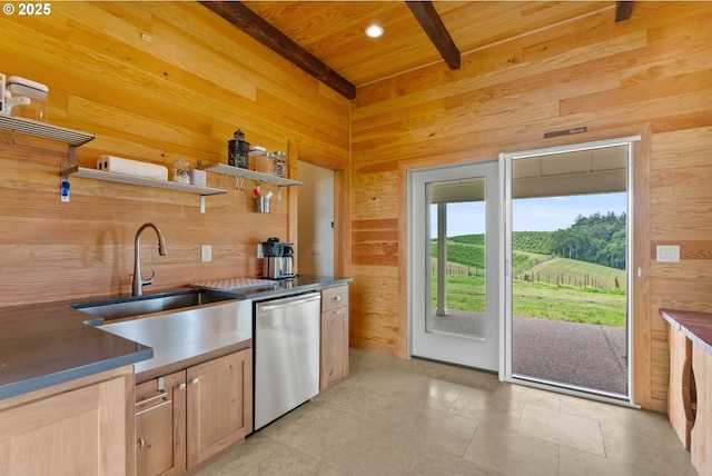 8810 NE Blackburn Rd, Yamhill, OR 97148 - kitchen featuring dishwasher, wood walls, a sink, dark countertops, and open shelves