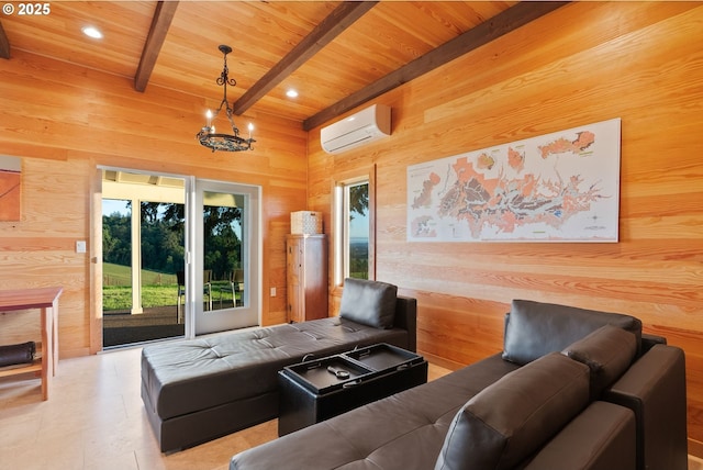 8810 NE Blackburn Rd, Yamhill, OR 97148 - living area featuring a wall mounted air conditioner, wood walls, wooden ceiling, beam ceiling, and recessed lighting