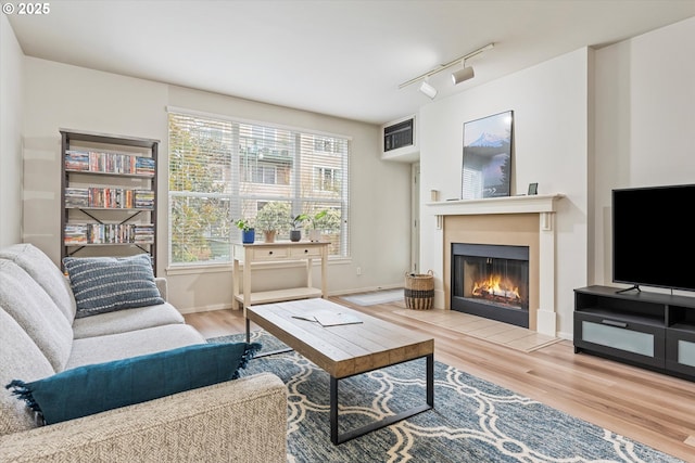 living room with a glass covered fireplace, wood finished floors, rail lighting, and baseboards
