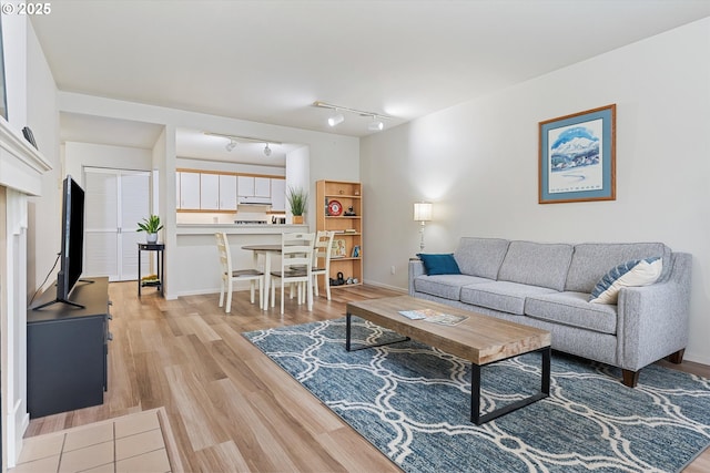 living room with light wood finished floors and baseboards