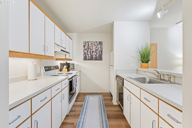 kitchen featuring white electric stove, under cabinet range hood, a sink, dishwasher, and light countertops