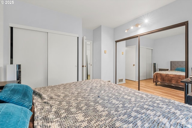 bedroom featuring wood finished floors and two closets
