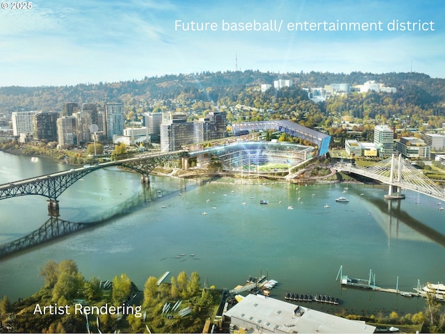 view of urban area with a notable bridge and a nearby body of water