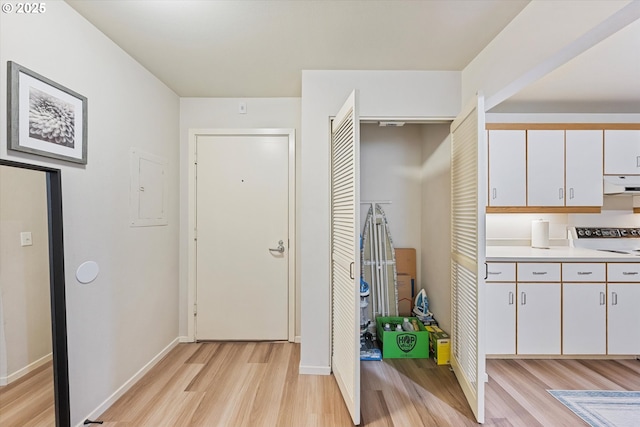 entryway featuring light wood finished floors, baseboards, and electric panel