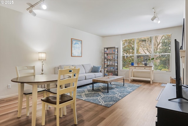 living area featuring rail lighting, light wood finished floors, and baseboards