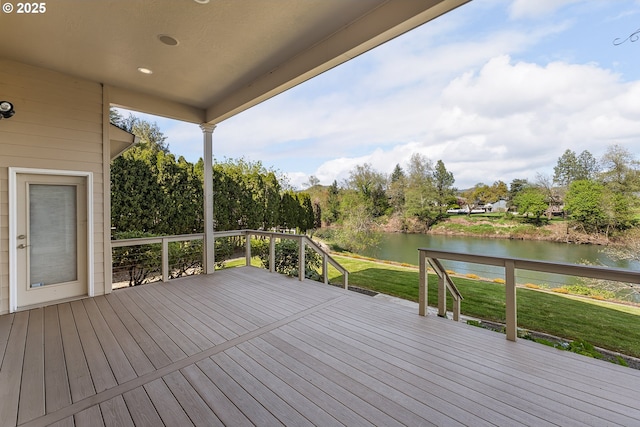 205 W Oriole Dr, Roseburg, OR 97471 - wooden terrace featuring a water view and a yard