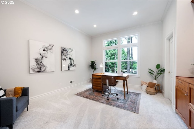 3830 NW 142nd Ter, Portland, OR 97229 - office area featuring crown molding, light carpet, baseboards, and recessed lighting