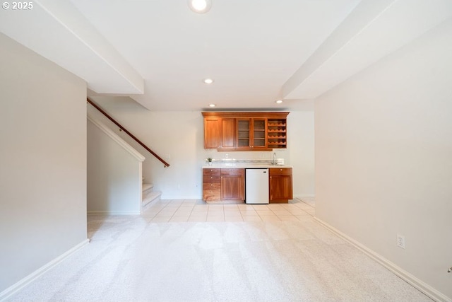 3830 NW 142nd Ter, Portland, OR 97229 - indoor wet bar with white dishwasher, recessed lighting, light colored carpet, stairway, and baseboards