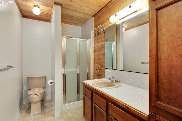 bathroom featuring wood ceiling, a stall shower, toilet, vanity, and baseboards