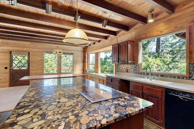kitchen featuring black appliances, wood ceiling, wooden walls, beamed ceiling, and a sink
