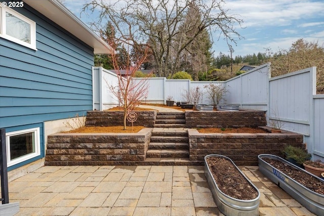 view of patio / terrace featuring a fenced backyard and a vegetable garden