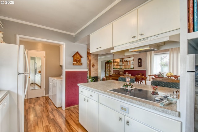 385 S Green St, Heppner, OR 97836 - kitchen featuring black electric cooktop, freestanding refrigerator, separate washer and dryer, light wood-style floors, and light countertops