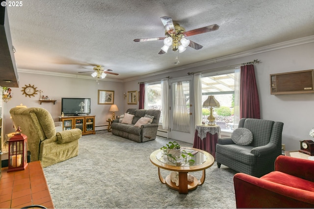 385 S Green St, Heppner, OR 97836 - living room with a ceiling fan, crown molding, a textured ceiling, a baseboard radiator, and a baseboard heating unit