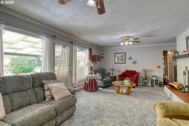 385 S Green St, Heppner, OR 97836 - living room with ceiling fan, a textured ceiling, a baseboard heating unit, carpet flooring, and ornamental molding