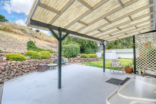 385 S Green St, Heppner, OR 97836 - view of patio featuring a storage shed