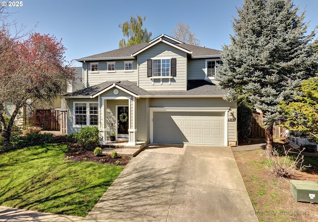 traditional home with an attached garage, fence, a front lawn, driveway, and roof with shingles