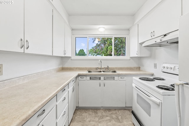 1041 19th Ave, Longview, WA 98632 - kitchen with white electric range oven, a sink, under cabinet range hood, light countertops, and white cabinets