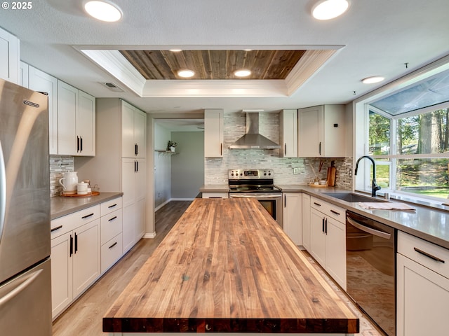 kitchen featuring a tray ceiling, butcher block counters, wall chimney range hood, a sink, and stainless steel appliances