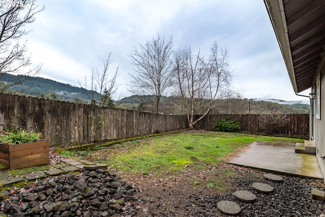 view of yard with a mountain view and a patio area