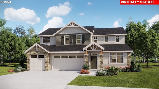 craftsman house featuring roof with shingles, concrete driveway, a front yard, a garage, and stone siding