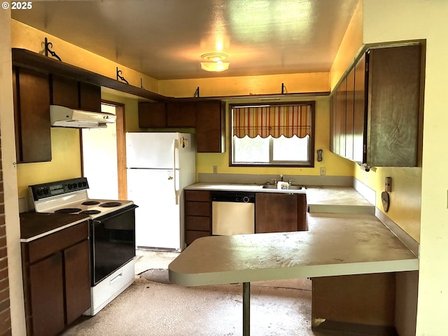 33962 Church Rd, Warren, OR 97053 - kitchen featuring white appliances, under cabinet range hood, and dark brown cabinets