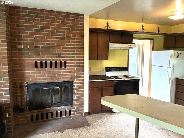 33962 Church Rd, Warren, OR 97053 - kitchen featuring freestanding refrigerator, range hood, electric range oven, a brick fireplace, and dark brown cabinets