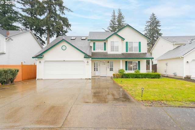 traditional home featuring driveway, a front lawn, an attached garage, and fence