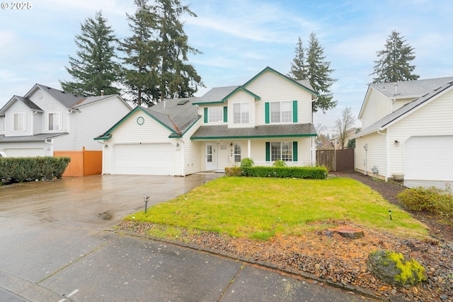 traditional-style house featuring driveway, an attached garage, fence, and a front yard