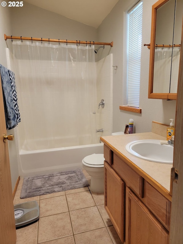 full bath with vanity, shower / tub combo with curtain, tile patterned flooring, toilet, and lofted ceiling