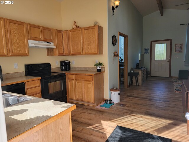kitchen featuring high vaulted ceiling, black electric range oven, wood finished floors, and under cabinet range hood